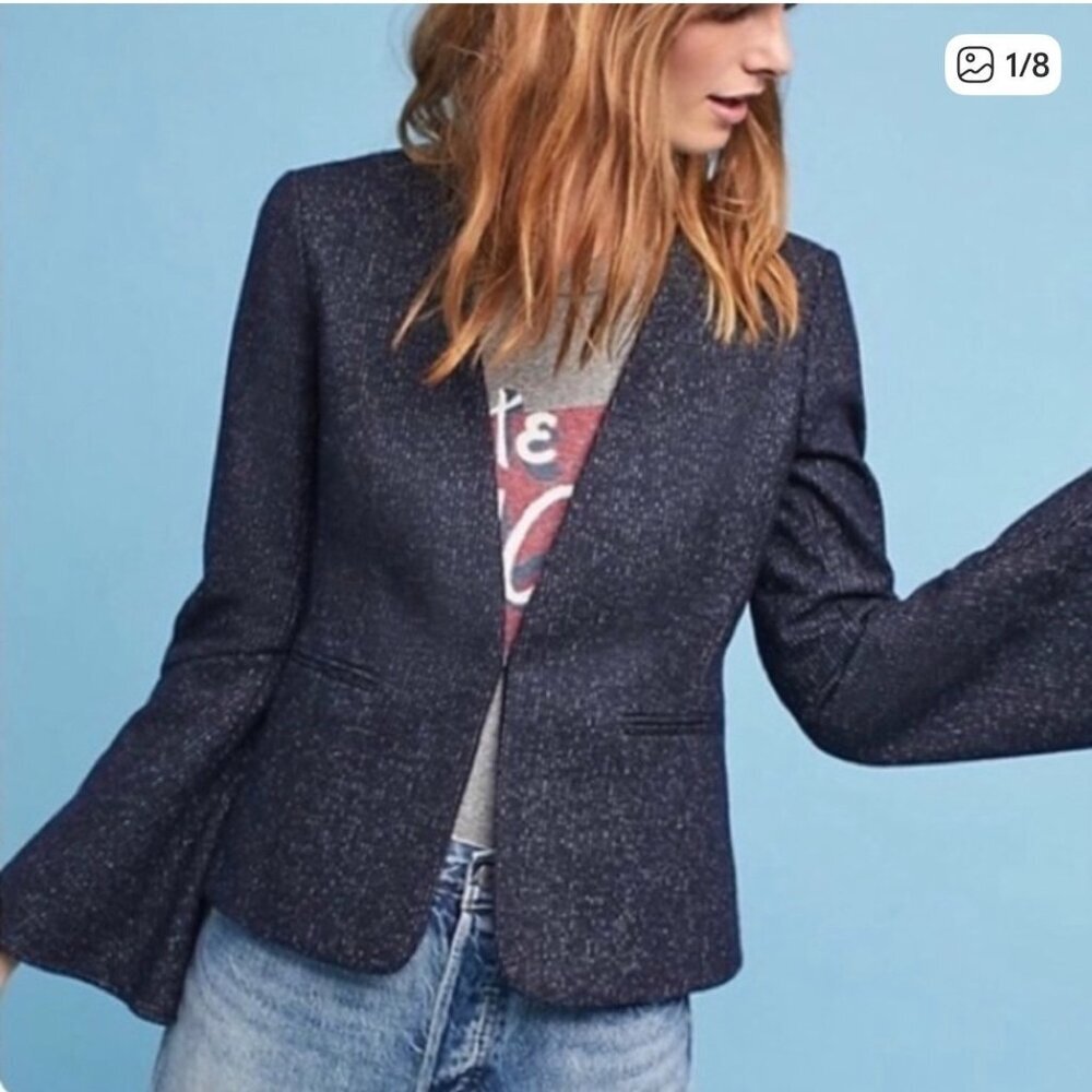 Anthropologie Cartonnier Pinstriped Flounced Sleeve Blazer in Navy Women's 12 - Picture 1 of 5